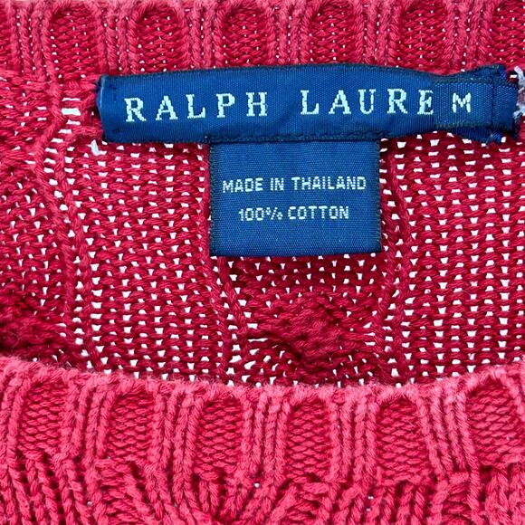 Vintage 90s Ralph Lauren Red Cotton Cable Knit Crewneck Sweater - Picture 5 of 6